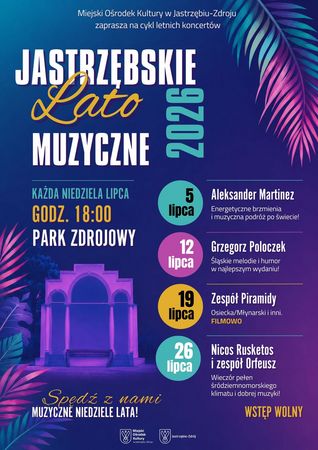 Jastrzębskie Lato Muzyczne - koncerty w Parku Zdrojowym o godzinie 18:00. Wystąpią: 5 lipca Aleksander Martinez, 12 lipca Grzegorz Poloczek, 19 lipca Zespół Piramidy - piosenki Osieckiej, Młynarskiego i inne (repertuar filmowy) i 26 lipca Nicos Rusketos z zespół Orfeusz. Wstęp wolny. Organizator: Miejski Ośrodek Kultury