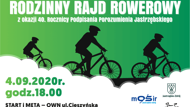 Plakat Rodzinnego Rajdu Rowerowego z okazji 40. rocznicy Porozumienia Jastrzębskiego. Data: 4.09.2020 r., godz. 18:00. Start i meta: OWN ul. Cieszyńska. Grafika przedstawia sylwetki rowerzystów