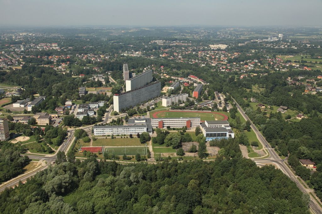 Widok na bloki, szkołę i drzewa w Jastrzębiu-Zdroju