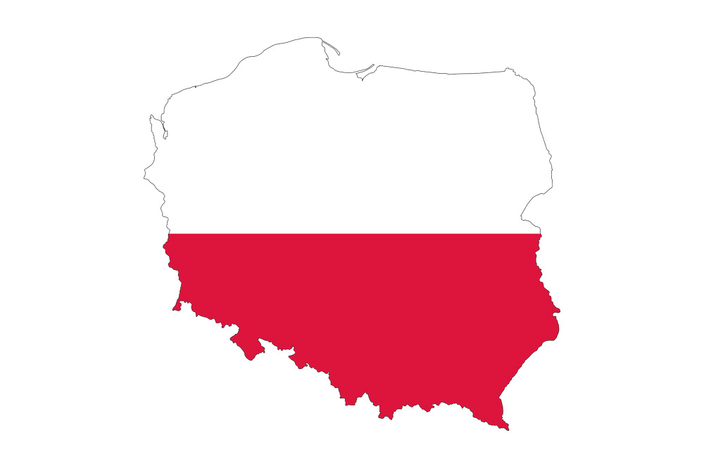 Przedstawia kontur mapy Polski wypełniony białym i czerwonym kolorem.