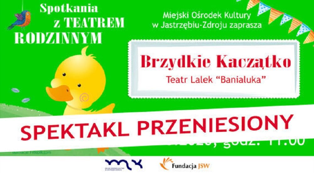 plakat przedstawienia 'brzydkie kaczątko' w miejskim ośrodku kultury