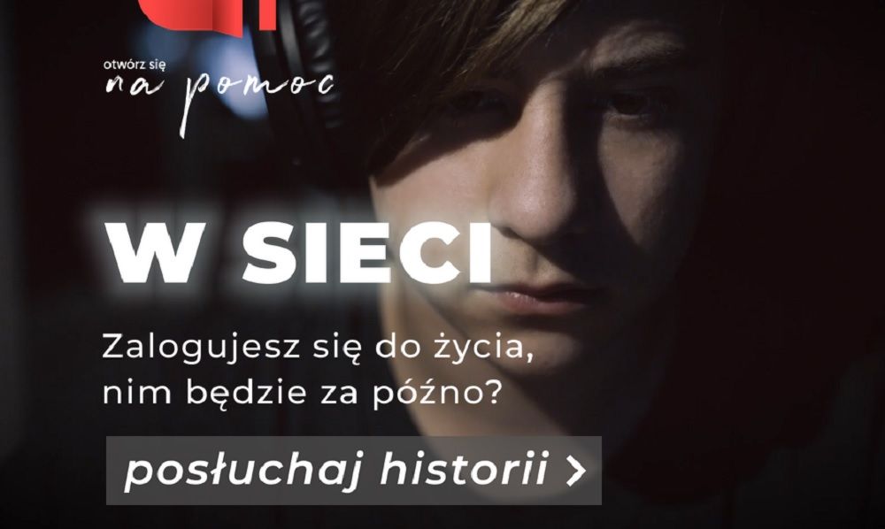Twarz nastolatka. Napisy: W SIECI. Zalogujesz się do życia, zanim będzie za późno? posłuchaj historii.