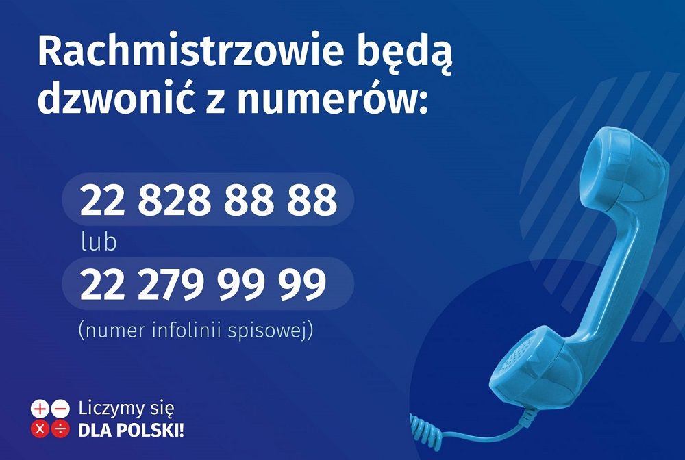 Niebieska grafika z tekstem: Rachmistrz może zadzwonić do Ciebie z numeru 22 828 88 88 lub z numeru infolinii spisowej tj. 22 279 99 99.