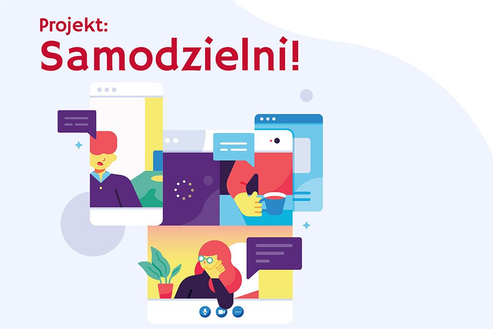 Grafika komputerowa z napisem "Projekt: Samodzielni!"