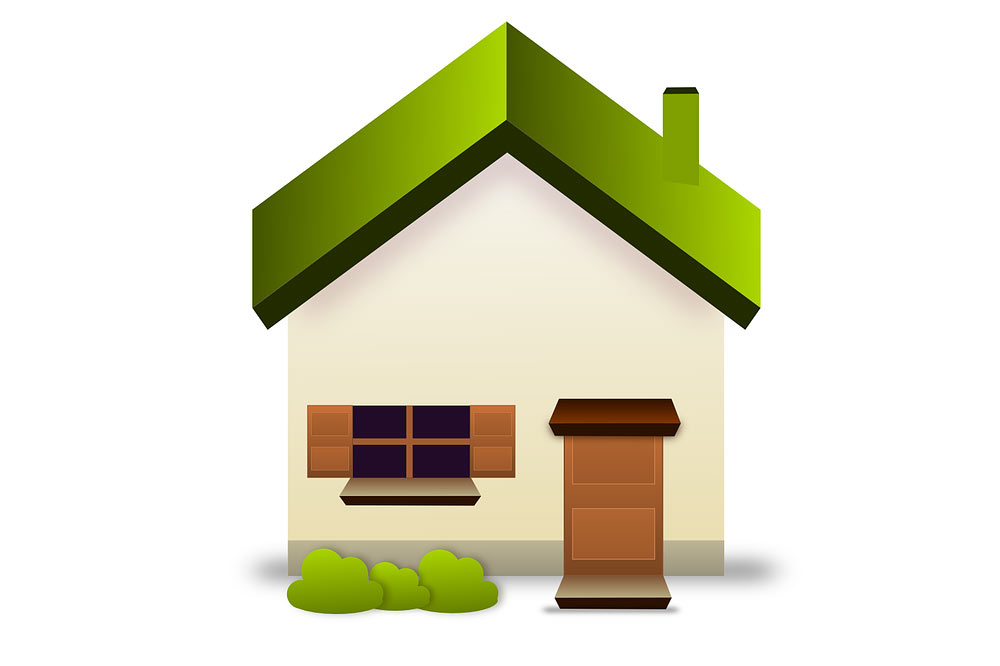 Grafika przedstawia domek z zielonym dachem.