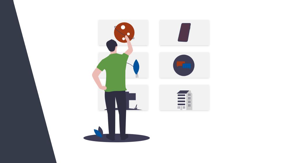 Screen z aplikacji - grafika na której mężczyzna wybiera jeden z ekranów