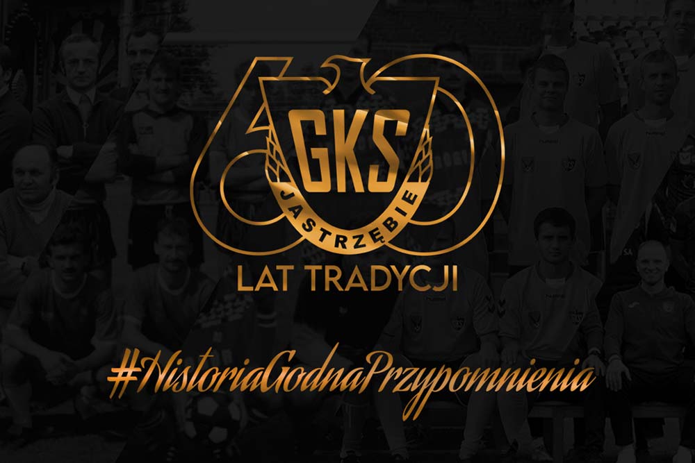 Grafika okolicznościowa - logo GKS Jastrzębie z napisem "60 lat tradycji" oraz "historia godna przypomnienia".