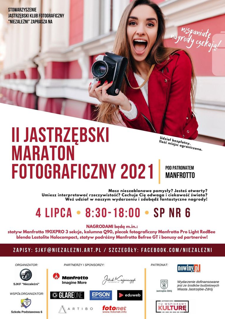 Plakat: II Jastrzębski Maraton Fotograficzny, 4 lipca 2021, 8:30-18:00, SP nr 6. Na zdjęciu radosna kobieta z aparatem. Zapisy: sjkf@niezalezni.art.pl. Udział bezpłatny, cenne nagrody