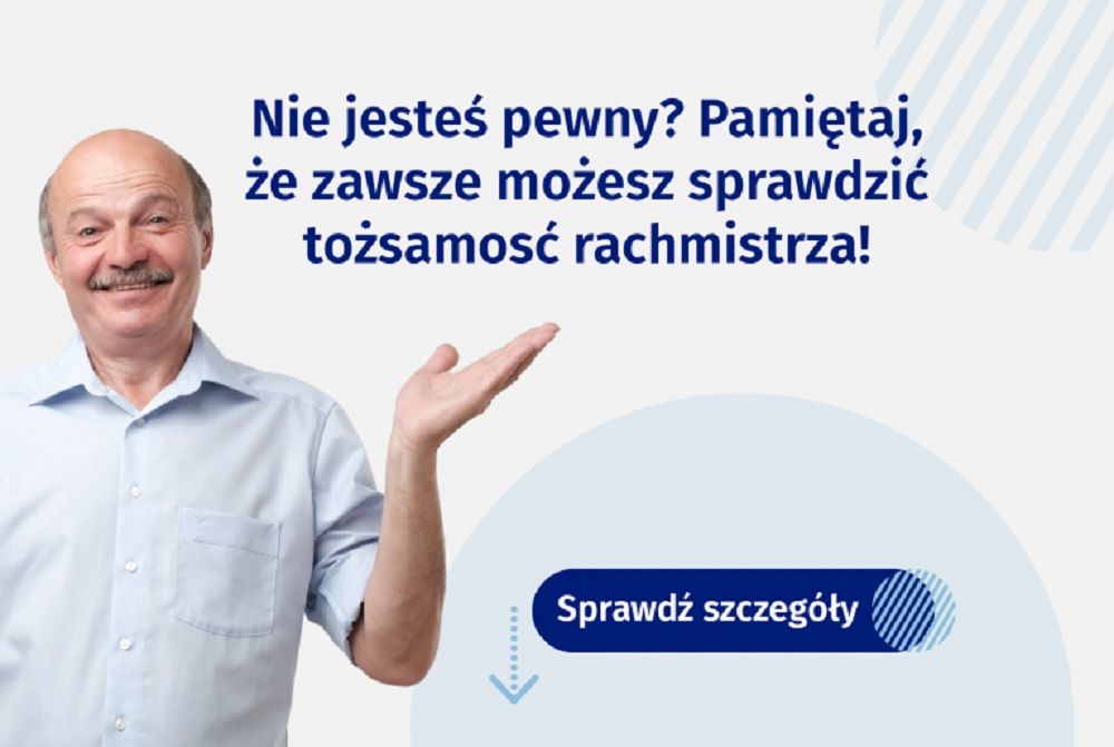 uśmiechnięty mężczyzna wskazuje na napis: Nie jesteś pewny? Pamiętaj, że zawsze możesz sprawdzić tożsamość rachmistrza.