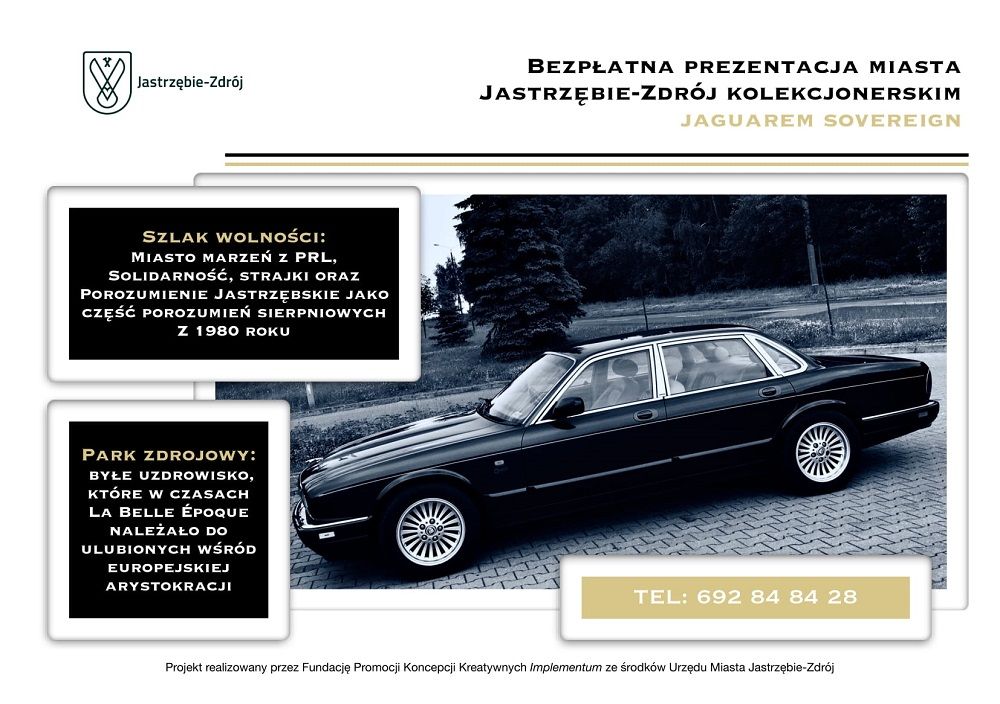 plakat "bezpłatne prezentacje miasta zabytkowym jaguarem"