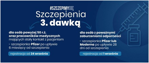 Grafika  z napisem #szczepimy się. Szczepienia trzecią dawką