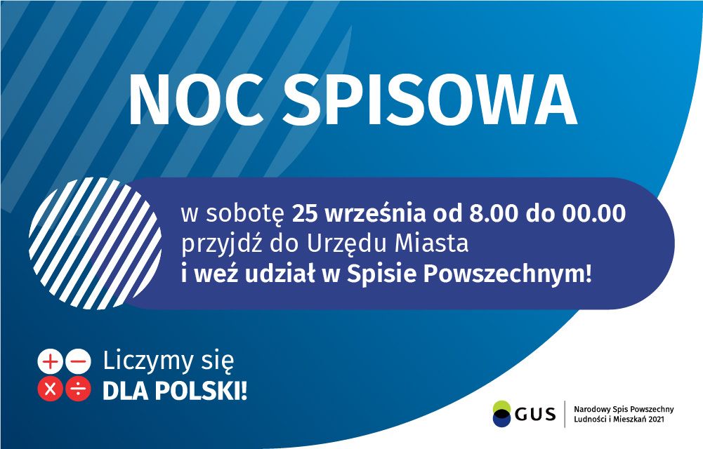 plakat "Noc spisowa. W sobotę 25 września od 8.00 do 00.00 przyjdź do urzędu miasta i weź udział w spisie powszechnym"