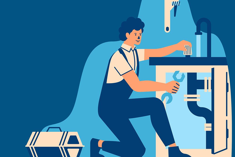 Grafika ilustrująca - hydraulik naprawia usterkę odpływu z umywalki.