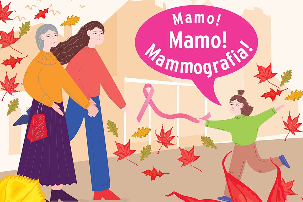 Plakat - grafika - dziecko biegnie i woła do dwóch kobiet: "Mamo! Mamo! Mammografia!"
