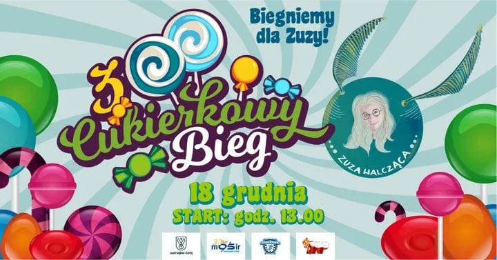 Plakat z informacjami o biegu cukierkowym