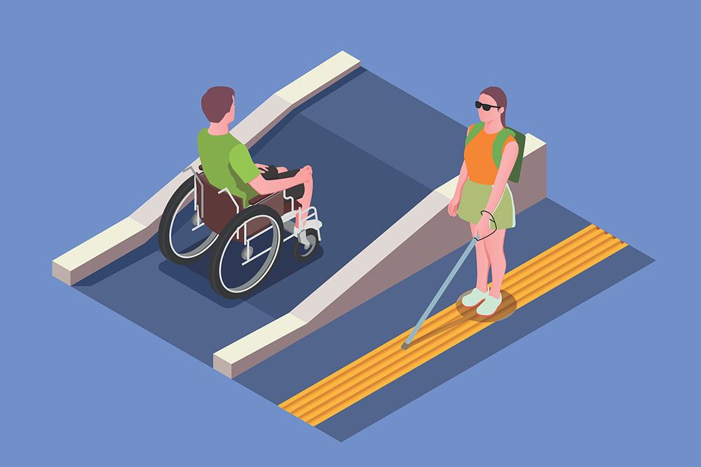 Grafika ilustrująca dostępną architekturę - rampę dla wózków oraz ułatwienia dla niewidomych.