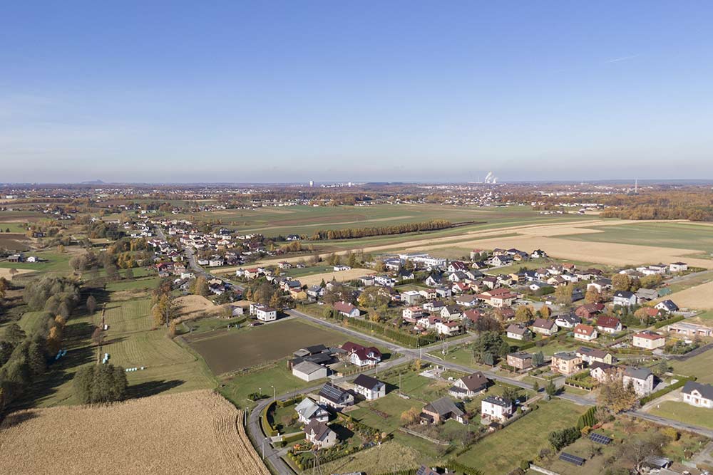 Zdjęcie przedstawia sołectwo Borynia z lotu ptaka.