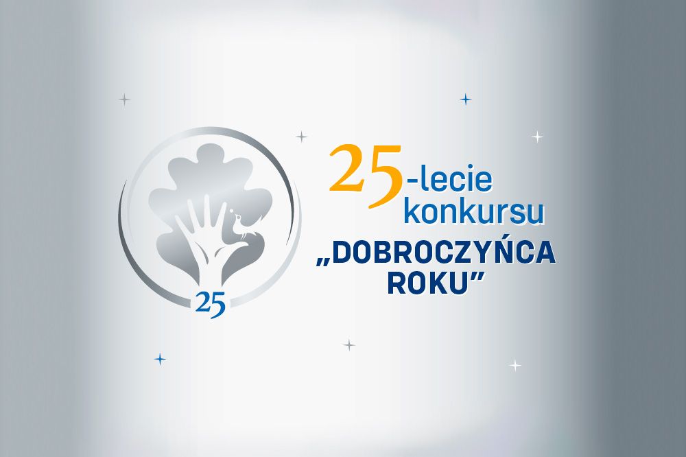 Logo konkursu 25-lecie konkursu „Dobroczyńca Roku” obok wyciągnięta dłoń z wyprostowanymi palcami
