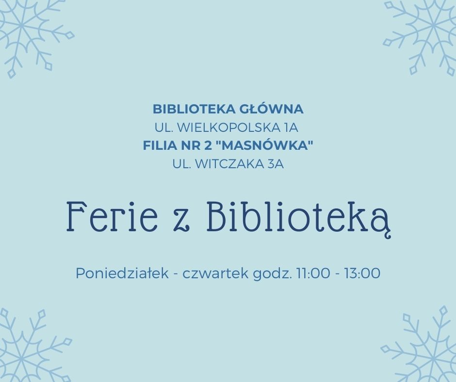 plakat miejskiej biblioteki publicznej w jastrzębiu na temat ferii 2022