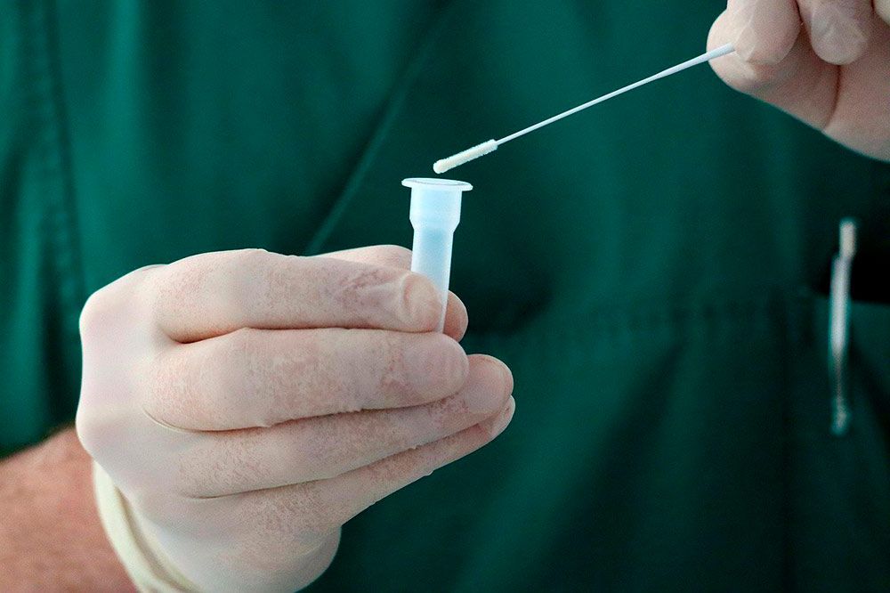 Zdjęcie przedstawia osobę trzymającą patyczek wymazowy testu na wirusa.