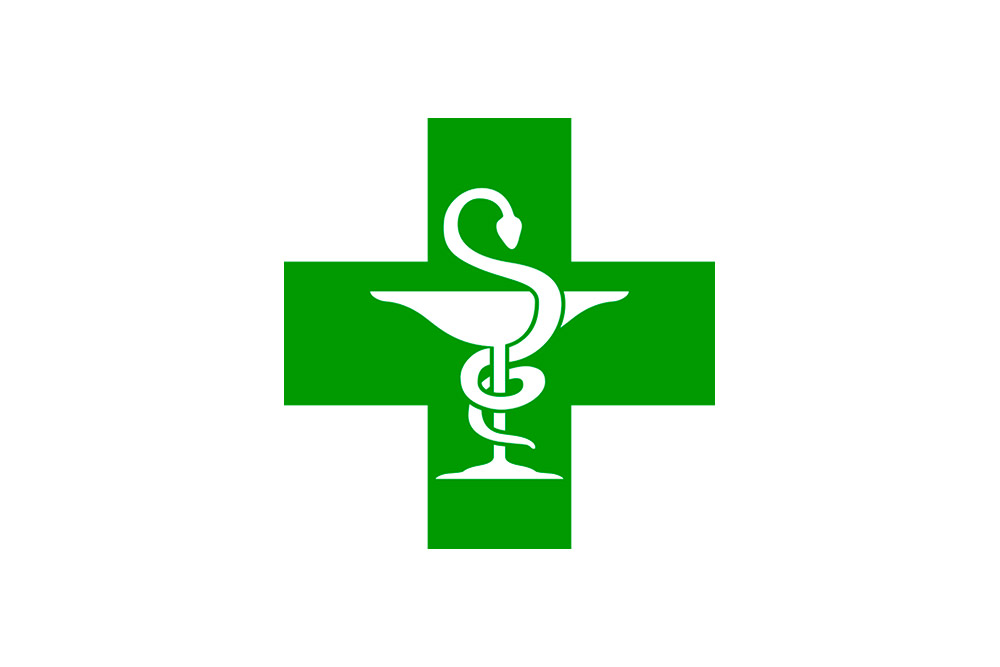 Symbol: eskulap opleciony wokół kielicha, na tle zielonego krzyża.