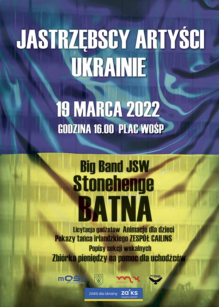 Plakat z napisem "Jastrzębscy artyści Ukrainie" - informacje powtórzone.