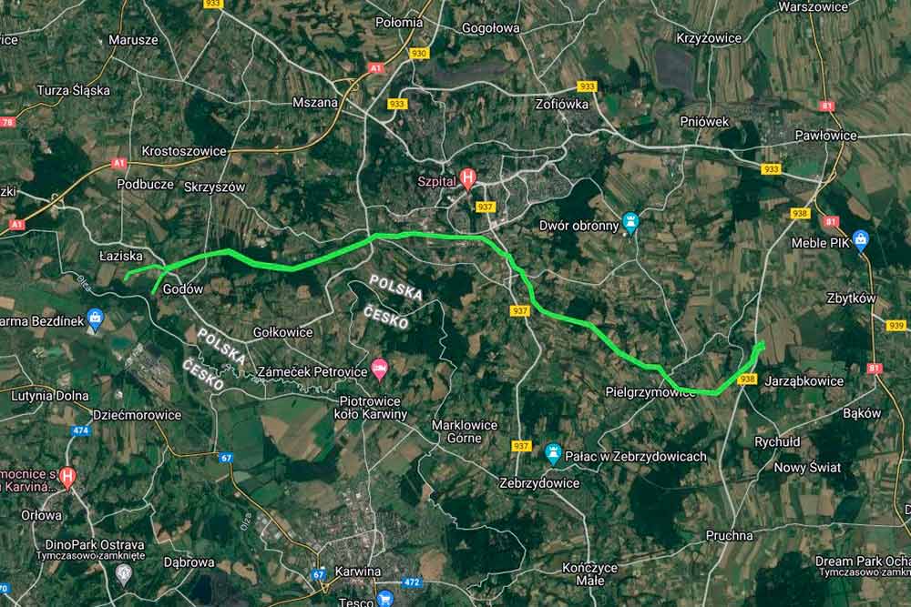 Mapa Jastrzębia-Zdroju z przebiegiem linii.