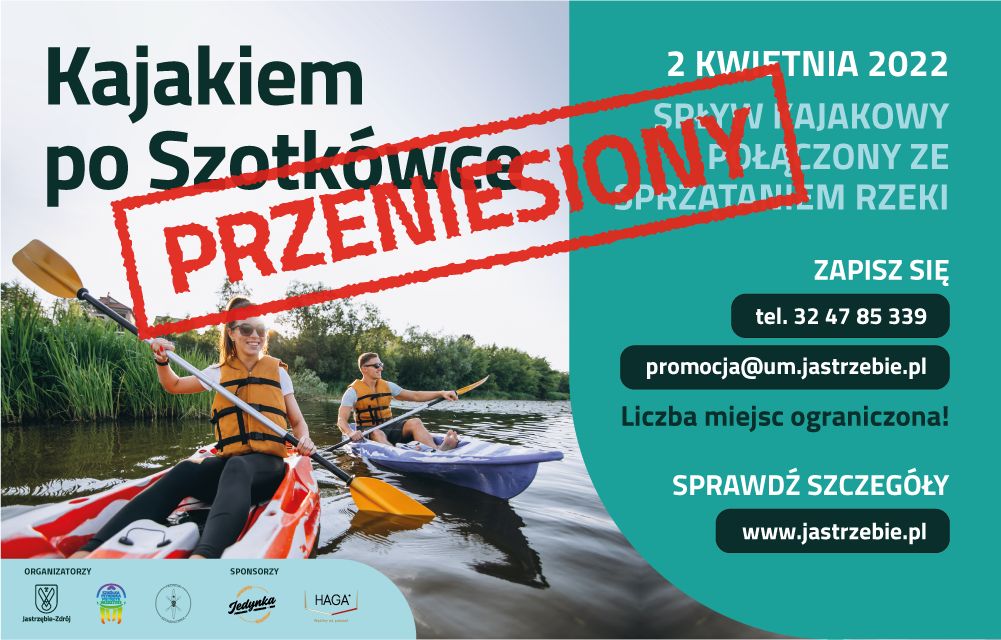 Grafika z napisem Kajakiem po Szotkówce - spływ przeniesiony