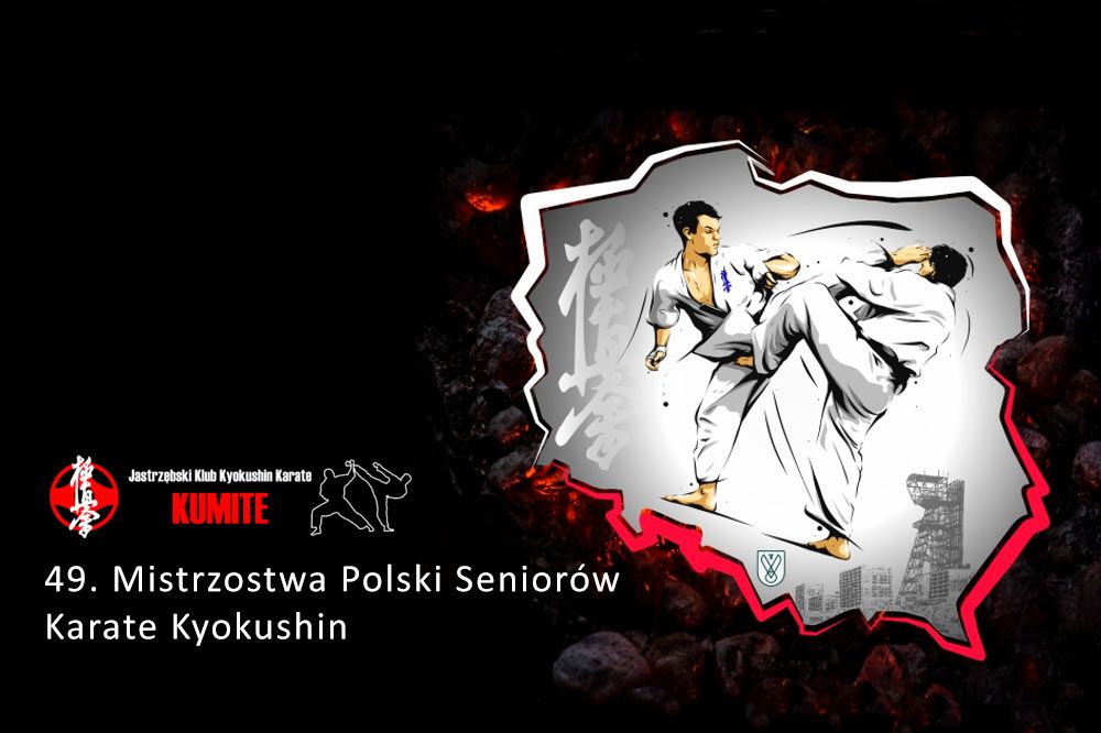 Plakat zawodów - dwóch zawodników na tle konturów granic Polski.