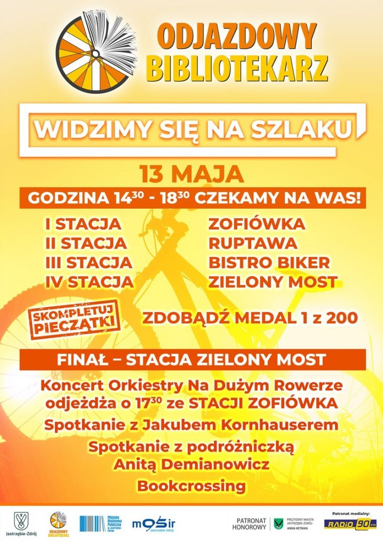 żółty plakat z pomarańczowymi elementami z tekstem dotyczącym wydarzenia odjazdowy bibliotekarz
