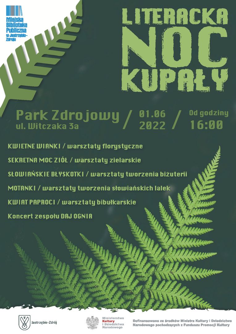 zielony plakat z hasłem "literacka noc kupały"