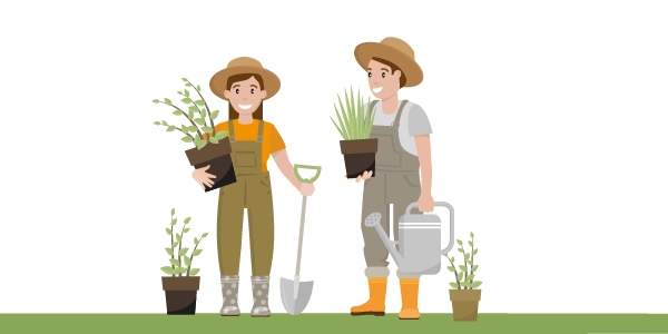 Rysunek: dwie osoby sadzące kwiaty