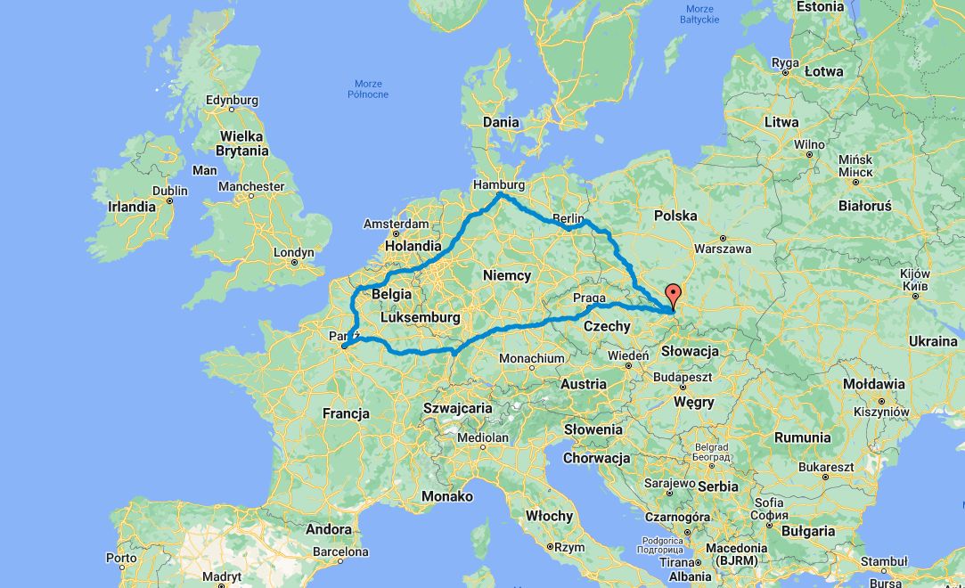 Mapa Europy z zaznaczoną trasą