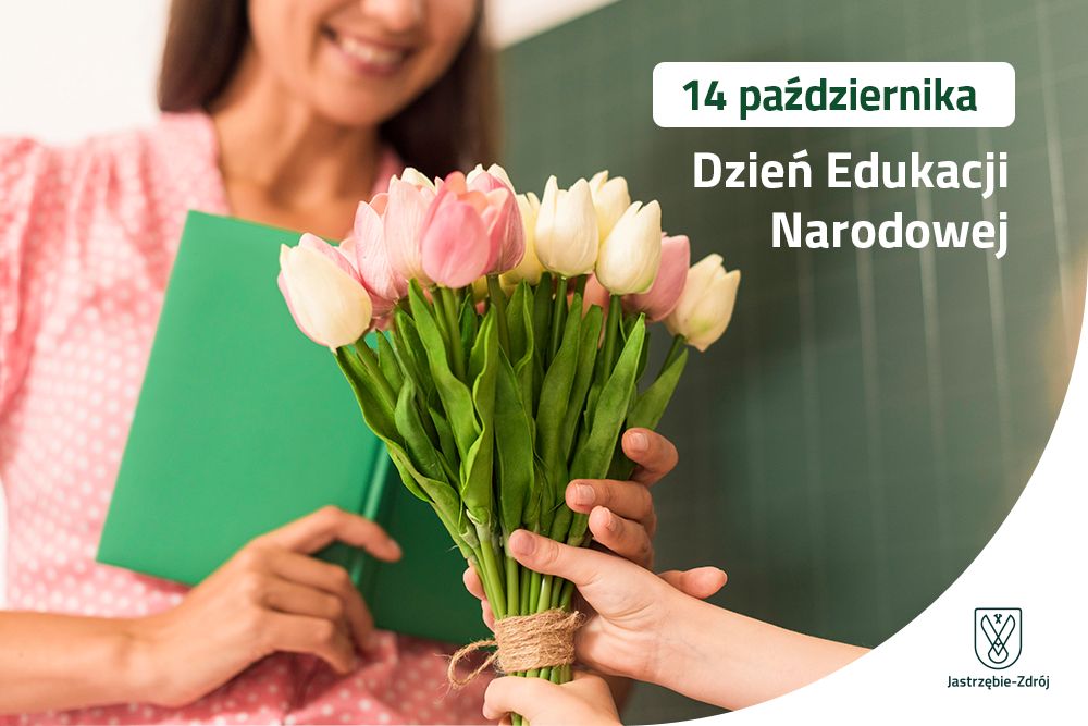Grafika z okazji Dnia Edukacji Narodowej (14 października). Przedstawia dziecko wręczające bukiet tulipanów uśmiechniętej nauczycielce na tle tablicy. W rogu logo miasta Jastrzębie-Zdrój