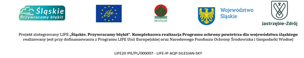 Zestaw logotypów i informacja o projekcie LIFE „Śląskie. Przywracamy błękit”. Widoczne znaki: LIFE, NFOŚiGW, Województwo Śląskie i Jastrzębie-Zdrój. Poniżej tekst o dofinansowaniu ochrony powietrza oraz numer projektu