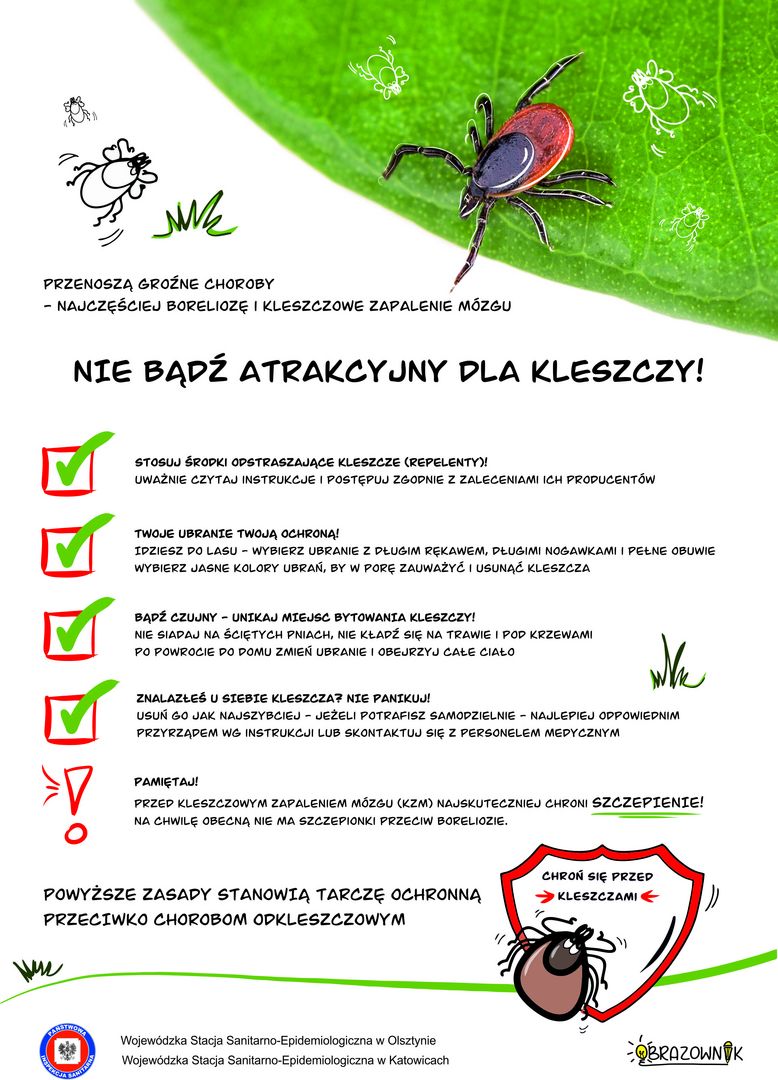 Plakat opisuje najważaniesze rady dotyczące zabezpieczenia przed kleszczami - pełen opis zanjduje się w prezenacji zamieszczonej poniżej. Żródło danych  Powiatowa Stacja Sanitarno-Epidemiologiczna w Wodzisławiu Śląskim.