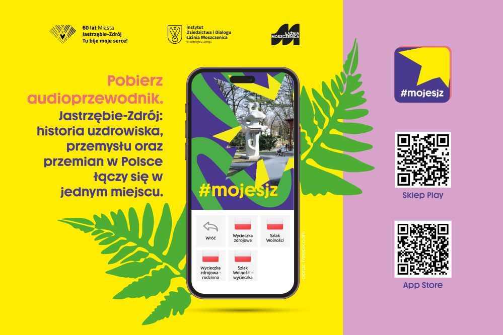 Grafika zawiera informację: Pobierz audioprzewodnik. Jastrzębie-Zdrój: historia uzdrowiska, przemysłu oraz przemian w Polsce łączy się w jednym miejscu oraz kody QR do pobrania aplikacji. 