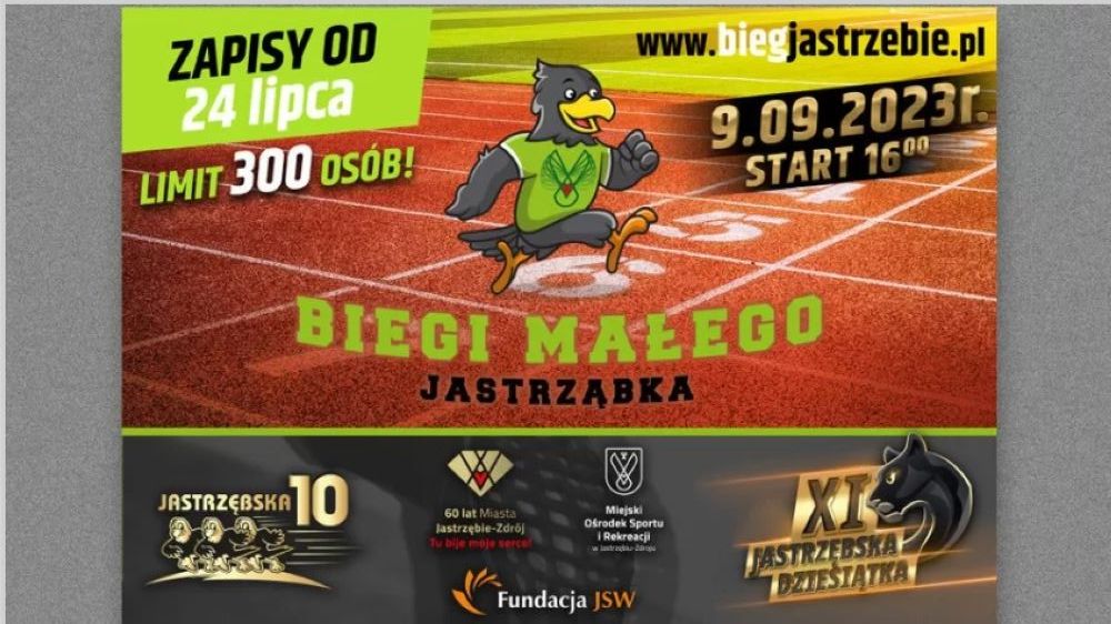 Plakat zawodów „Biegi Małego Jastrząbka”. Data: 9.09.2023, start o 16:00. Zapisy od 24 lipca, limit 300 osób. W tle rysunkowy jastrząb na bieżni. Widoczne logotypy: Jastrzębska 10, XI Jastrzębska Dziesiątka, Fundacja JSW oraz miasto Jastrzębie-Zdrój