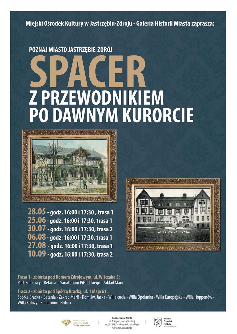 plakat dotyczący spaceru po dawnym kurorcie. Szczegóły w treści. 