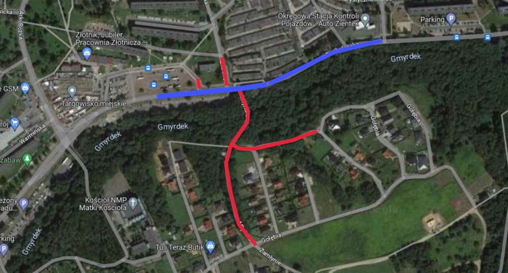 Zdjęcie przedstawia mapę, na której zaznaczono zmianę organizacji ruchu.