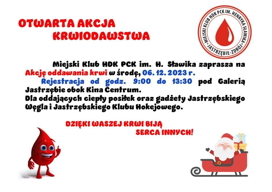 Zdjęcie przedstawia plakat zapowiadający akcję krwiodawsta w Mikołajki.