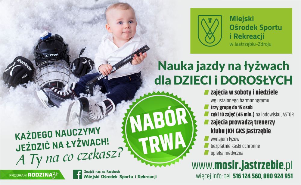 Zdjęcie przedstawia plakat dotyczący nauki jazdy na łyżwach w Szkółce MOSiR-u.