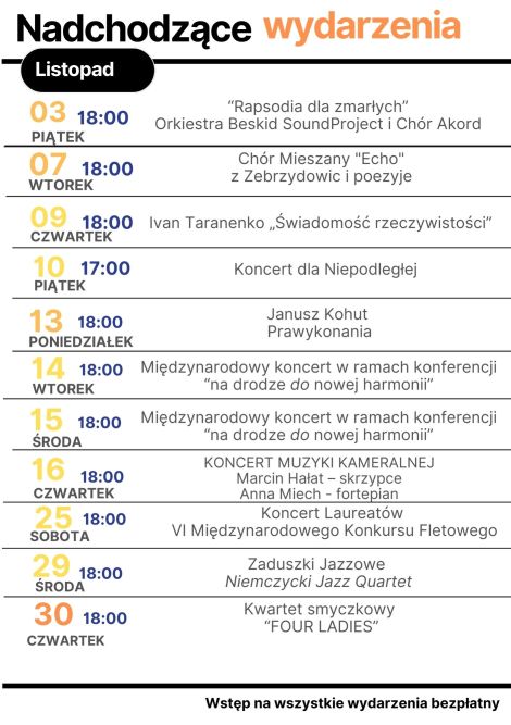 Zdjęcie przedstawia plakat z listopadowymi koncertami w Państwowej Szkole Muzycznej.
