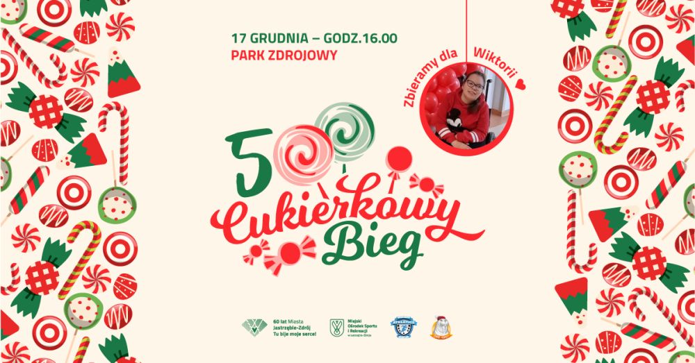 Zdjęcie przedstawia plakat zapowiadający V Bieg Cukierkowy w Jastrzębiu-Zdroju.