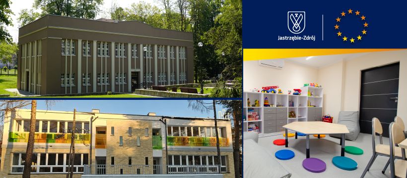 Kolaż przedstawiający dofinansowane przez Unię Europejską inwestycje w Jastrzębiu-Zdroju.