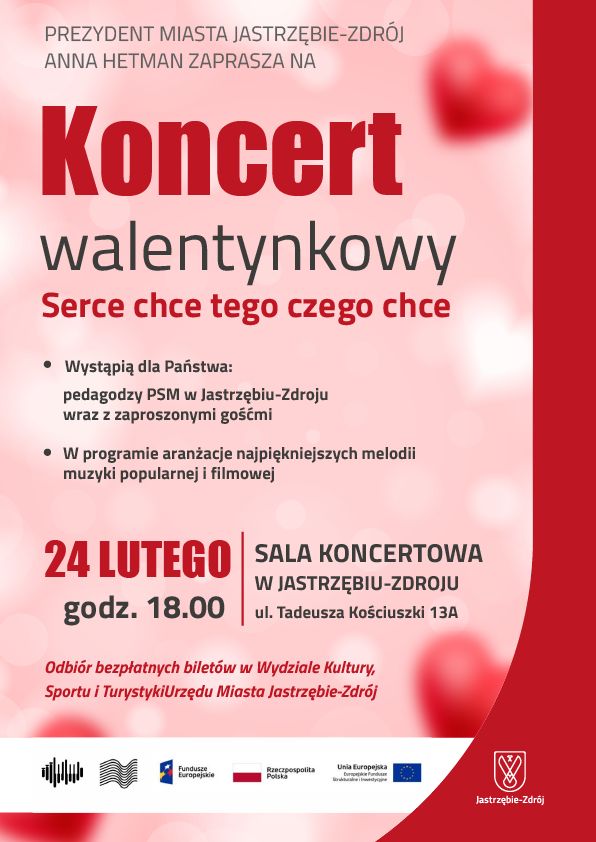 Zdjęcie przedstawia plakat zapowiadający koncert walentynkowy w sali koncertowej PSM.