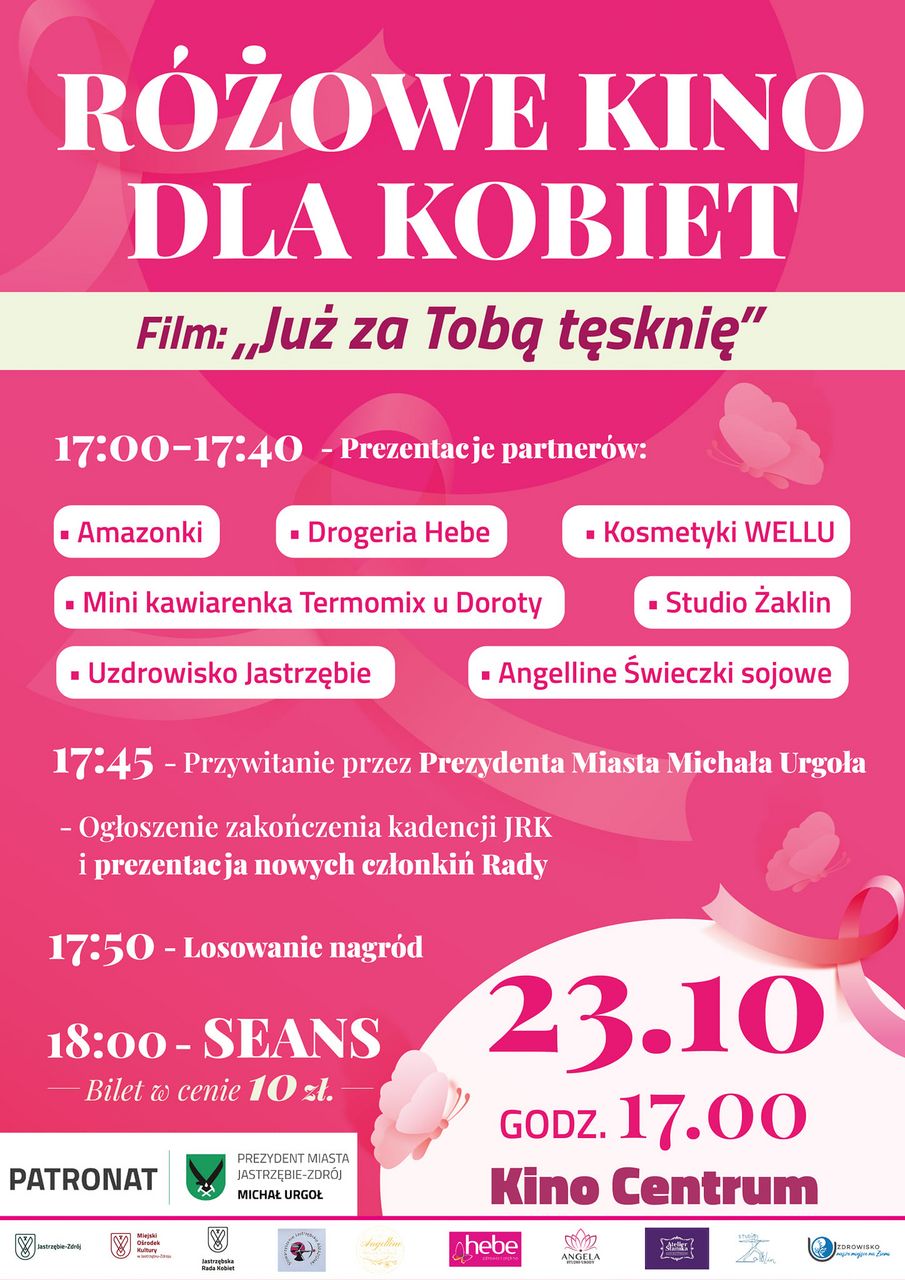 Tym razem organizatorki przygotowały film „Już za tobą tęsknię”. To opowieść o przyjaźni dwóch kobiet, która jest w stanie przetrwać każde zawirowania życiowe. Na seans zapraszamy jutro, czyli 23 października, o godz. 18:00. Bilety w atrakcyjnej cenie 10 zł można kupić w kasie Miejskiego Ośrodka Kultury. Warto jednak pojawić się wcześniej, bo od 17:00 przygotowano dla przybyłych pań liczne atrakcje. Będą losowane nagrody, krótkie prezentacje jastrzębskich firm, stoiska m.in. Studia Żaklin, Kosmetyków Wella, Amazonek i Jastrzębskiego Uzdrowiska. To uroczyste spotkanie poświęcone  podsumowaniu kadencji dotychczasowej Jastrzębskiej Rady Kobiet, przedstawiony zostanie także jej nowy skład. Warto podkreślić, że inicjatywa Różowego Kina dla Kobiet związana jest z profilaktyką raka piersi – październik jest bowiem Miesiącem Świadomości Raka Piersi. Dlatego w programie eventu nie zabraknie również rozmów na temat kobiecego zdrowia.