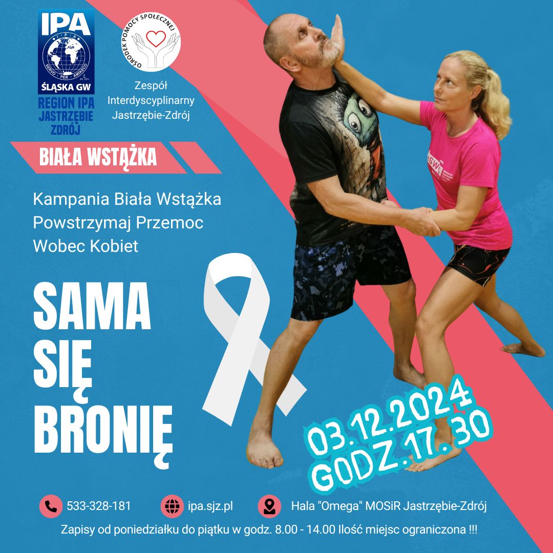 Grafika przedstwia inforamcje o zajęciach samoobrony - Kampania biała Wstążka
