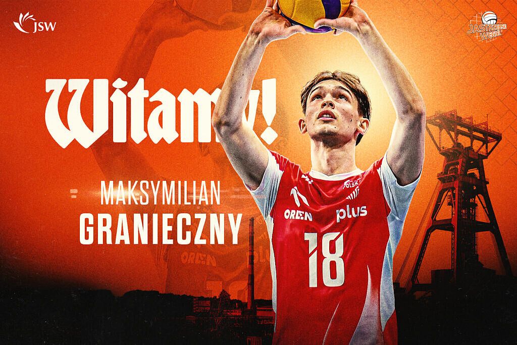 Grafika przedstwia siatkarza z uniesionymi rękami
