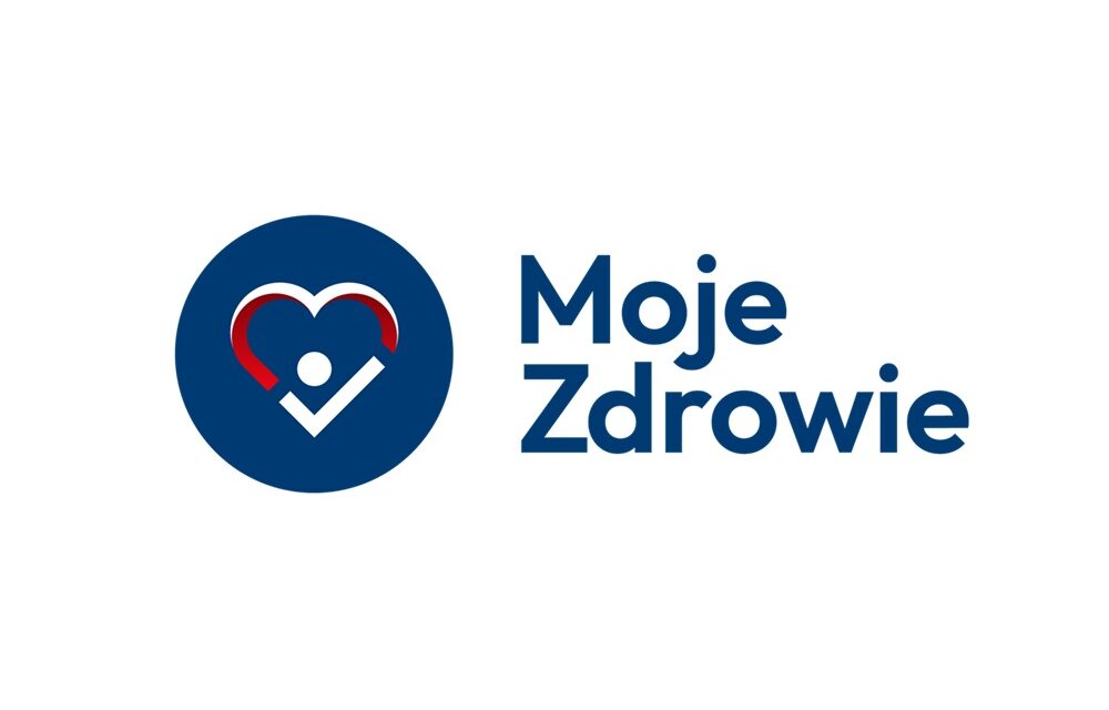 Logo programu Moje Zdrowie - miało czerowe serce na niebieskim tle okręgu